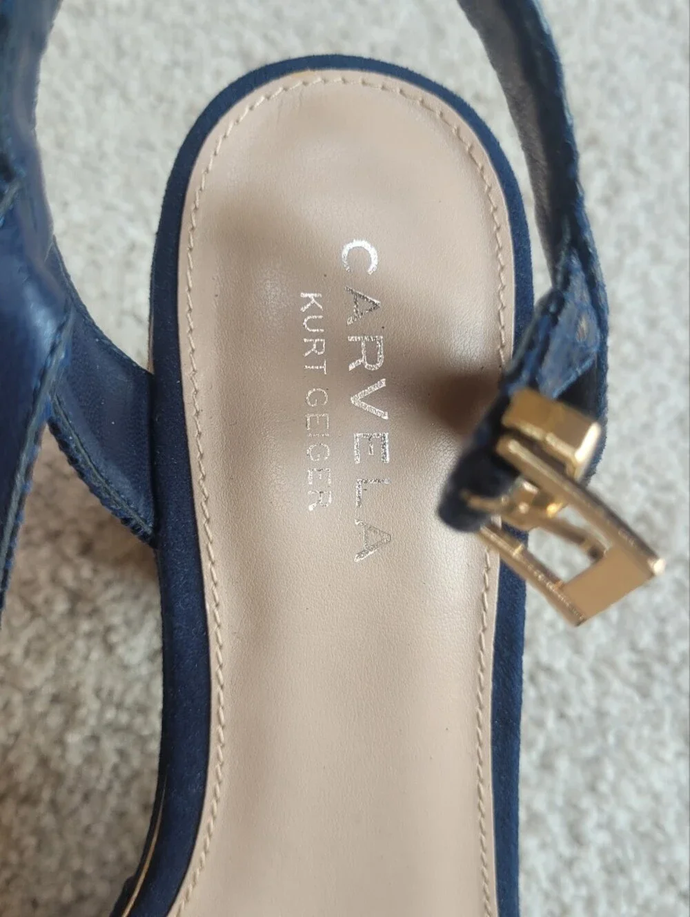 NWOT Carvela Kurt Geiger Navy Blue Platform Sandals Gold Buckle
